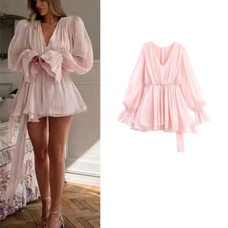 

Summer New Sweet Style Women's Long Sleeve V-neck Double Layer Lace Trim Decoration Floaty Feel Dress Commute High Waist A-li...