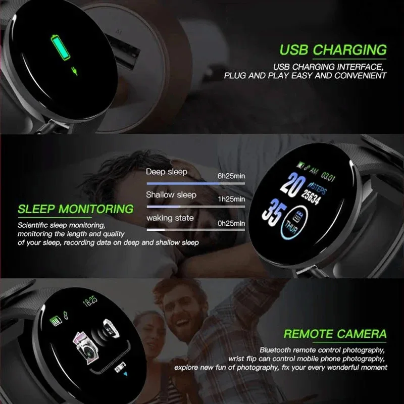 D18 Smart Bracelet Color round Screen Heart Rate Blood Pressure Sleep Monitor Walking Exercise Fitness Smart Watch