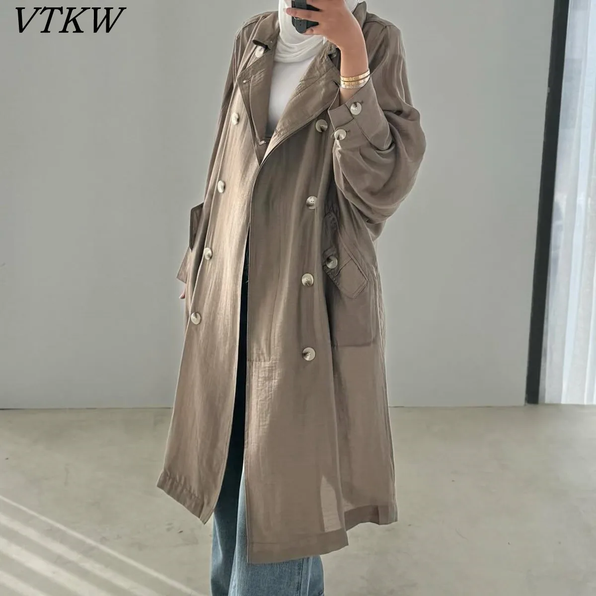 

VTKW Women's Slim-fit Windbreaker With Stylish Double-buttoned Collar And Fashionable Long Coat. 2025 Model.Suitable ForDailyUse