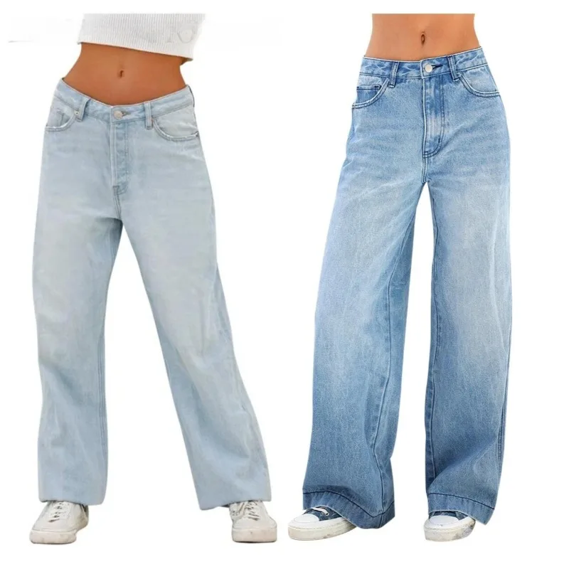 Jeans de commerce extérieur transfrontalier européen et américain pour femmes, vente directe d'usine, taille haute, jambes larges, pantalons pour femmes