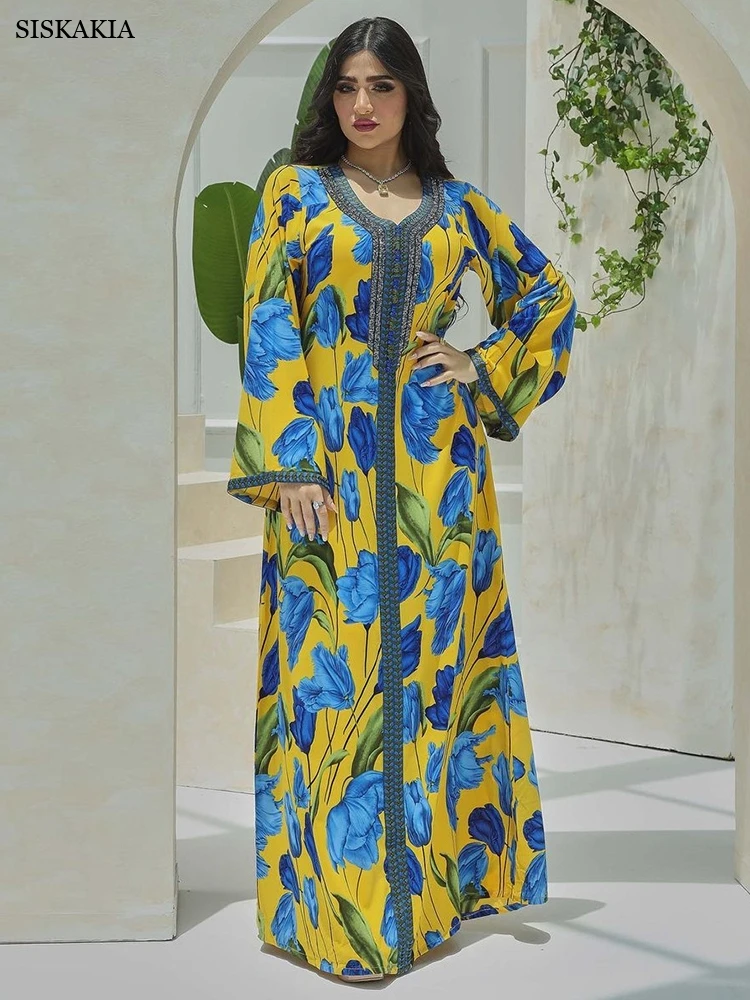 Siskakia – robe de soirée marocaine Jalabiya, tenue de fête élégante pour femmes, garniture Chic avec ruban strass, manches longues, jaune Floral,