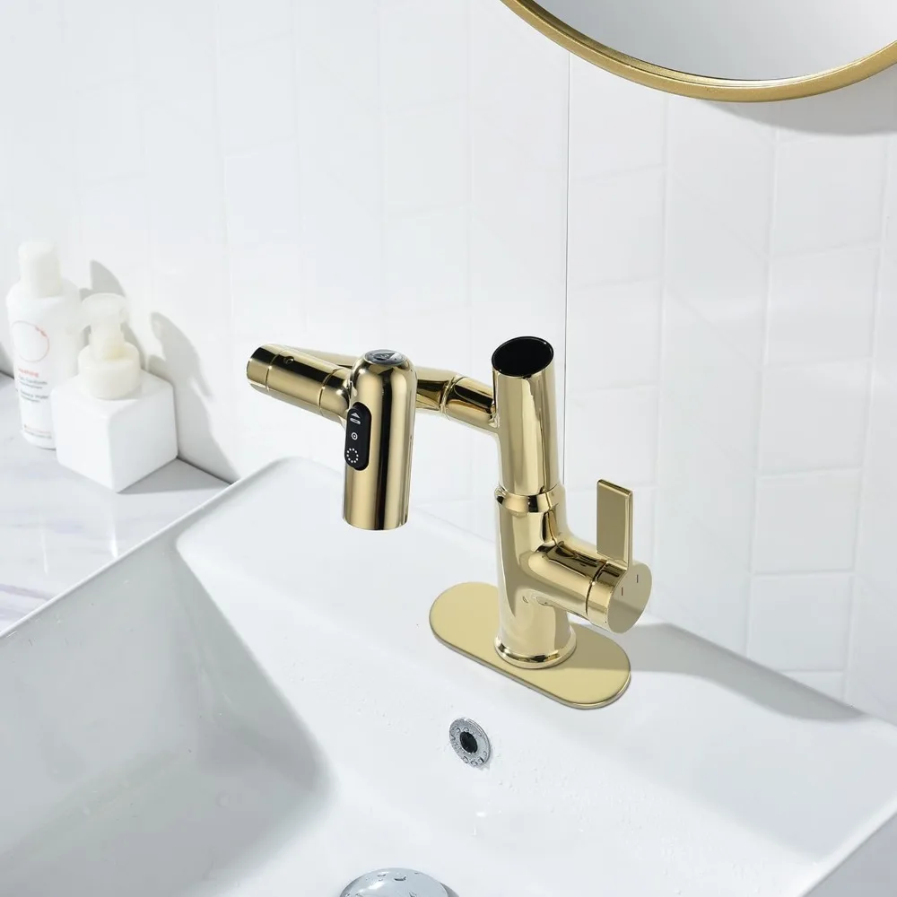 Polished Gold Rotatable Bathroom Sink Faucet with 6-Piece Cover Plate Set for Enhanced Style and Functionality