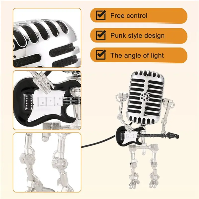 A71Z 2Pc Mic Rockbot,Metal Microphone Robot Table Lamp Holding Guitare Vintage Night Light,Vintage Microphone Robot Desk Lamp image 4