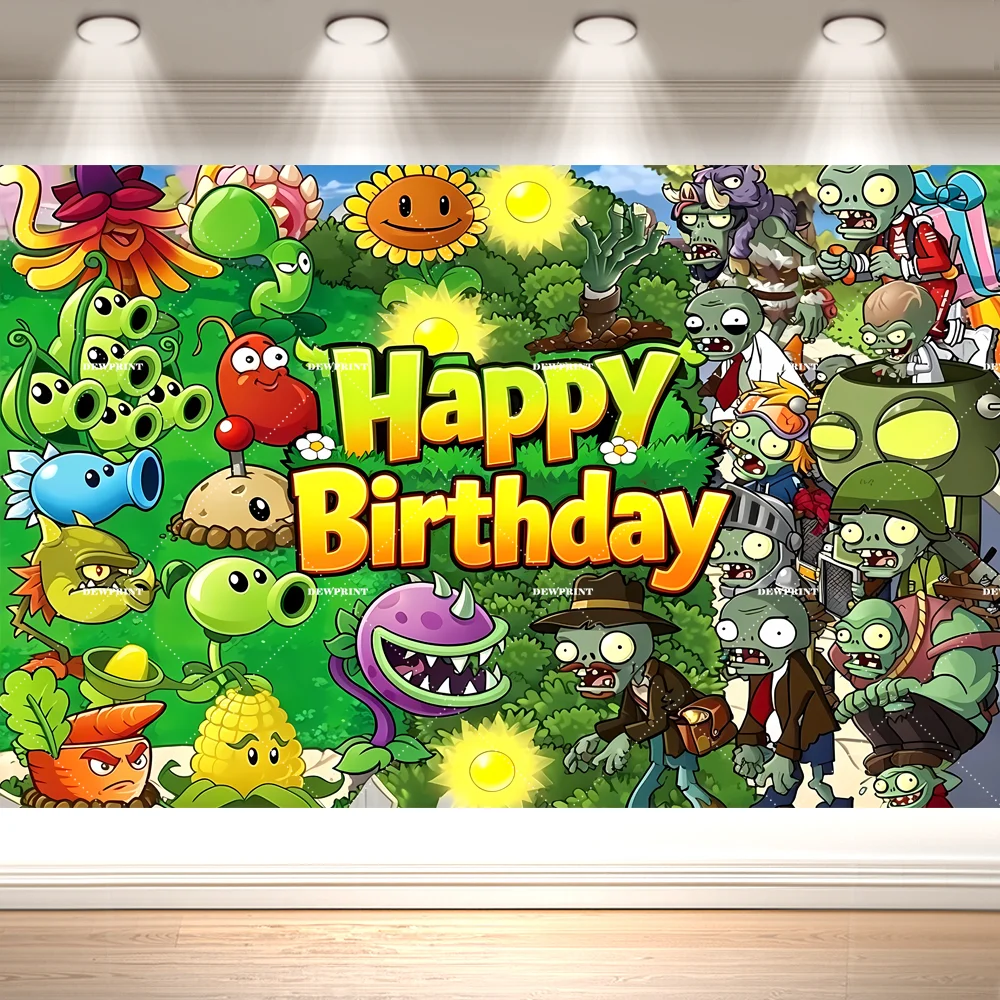 P-Plants vs Z-Zombies Game Birthday Party Backdrop Cartoon Themed Photography Background Kids Birthday Decor Banner Supplies