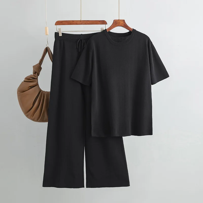 Summer Casual Solid Color Knitted Suit Button Round Neck Short Sleeve + Long Wide Leg Pants Two-piece Set