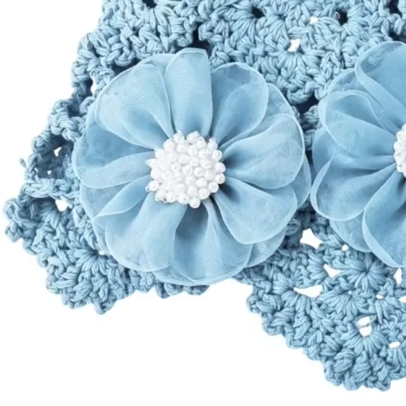 Floral Bucket Hat Breathable Hollow Crochet Hat, 3D Flower Casual Hat with Faux Pearl Stamens Spring Summer Headwear