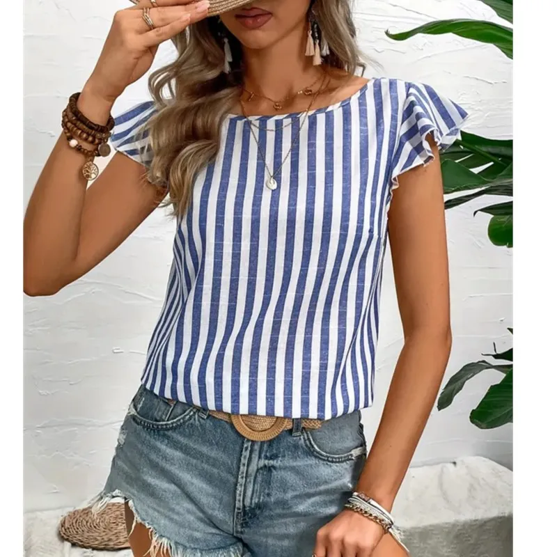 Flying Sleeve Top Women's Loose T-shirt Women's Spring And Summer Women's Clothing Striped V-neck Back Button Decoration T-shirt