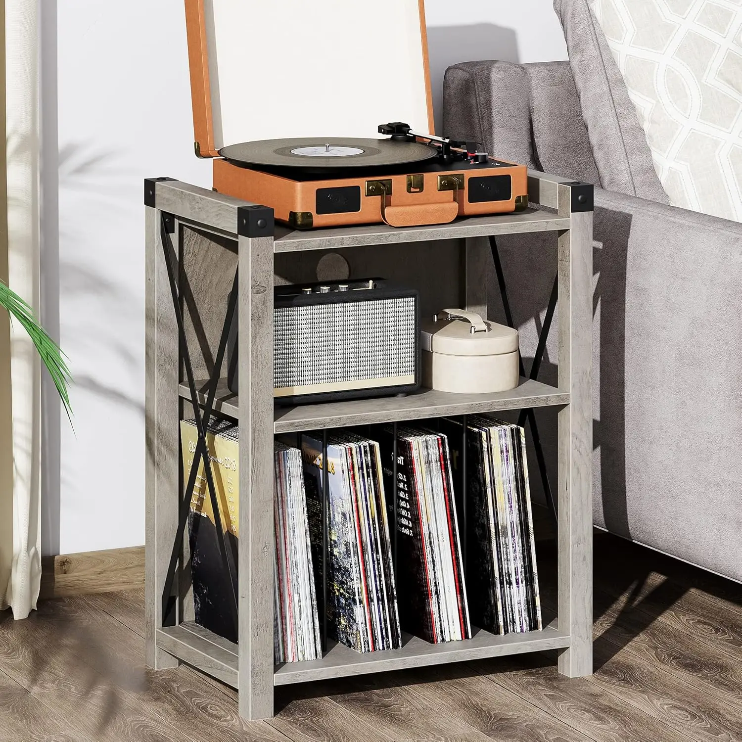 Record Player Stand with Storage, Farmhouse Wooden Turntable Stand with X Metal Frame, 3-Tier Rustic Record Player Side Table