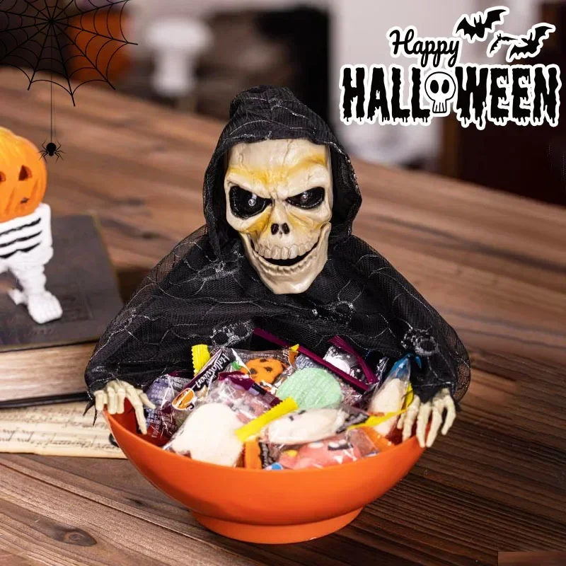 Halloween Snacks Dish House Decoration Voice Control Ghost Toys with Motion Sensor Skeleton Candy Bowl for Party Supply
