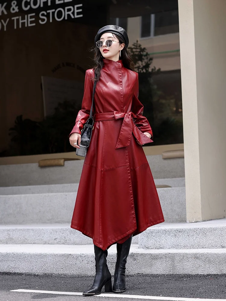 

Haining Genuine Leather Coat Women's Slim Fit Long Spring Autumn Design Sense Waist-Cinching Sheepskin Windbreaker Jacket