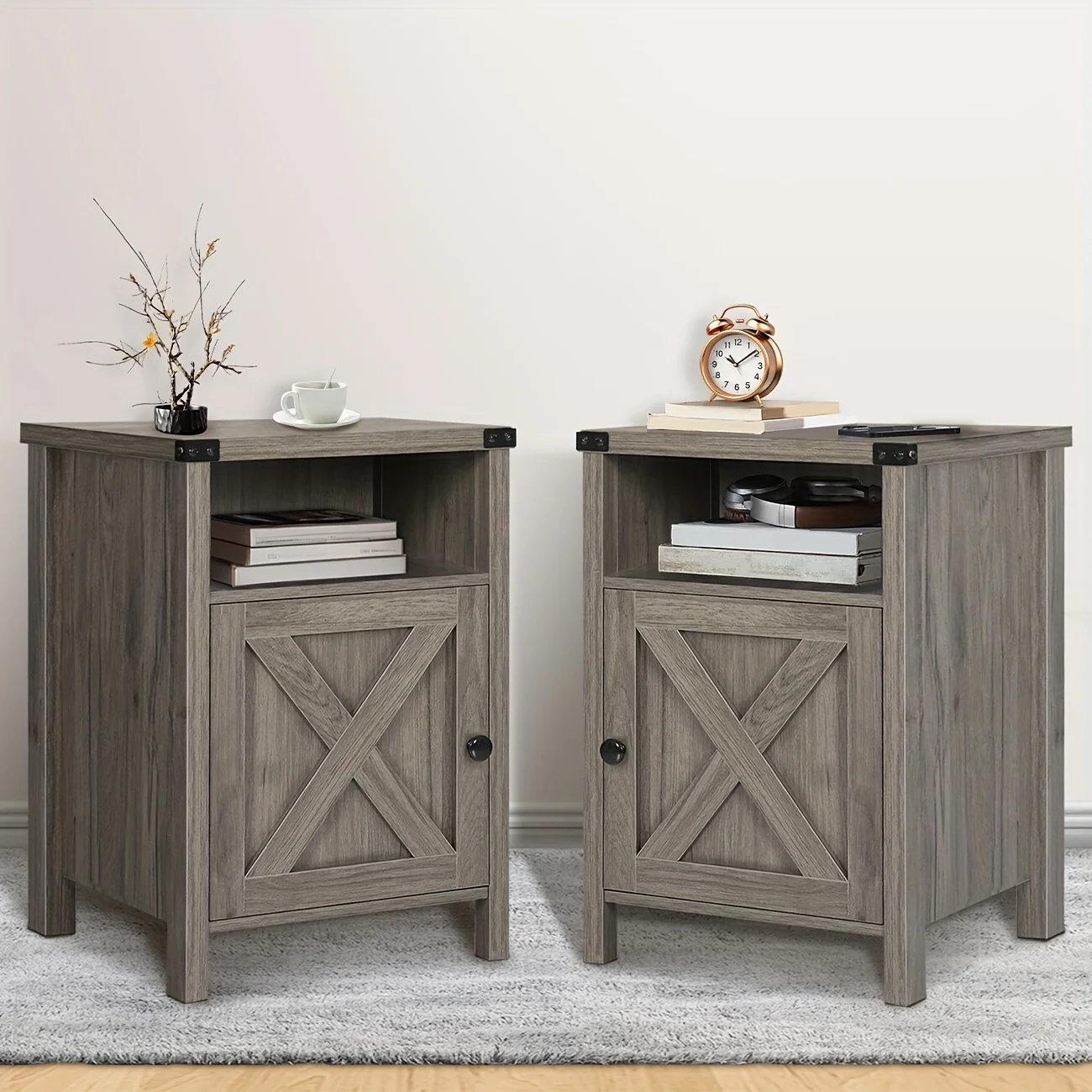 

2 Sets Farmhouse Bedside Table Modern Nightstand Wooden Side Table with Storage Bedroom and Living Room Furniture