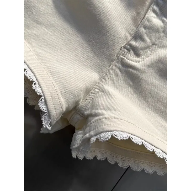 韓国風スプライスレースデニムショートパンツ レディース 2025デザイン ハイウエストゴム入り万能ホットパンツ