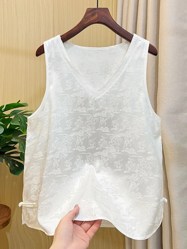 

Chinese Sle Vintage Silk Satin Embroidered Button Vest Women Summer Thin Outerwear Lace V-ne Pullover Svel Top
