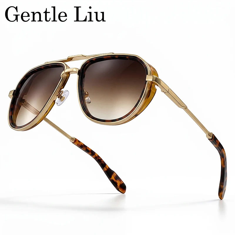 

2026 Oversized Retro Pilot Sunglasses Men Black Double Bridge Sun Glasses Male Steampunk Trendy Driving Shades Designer Eyewear