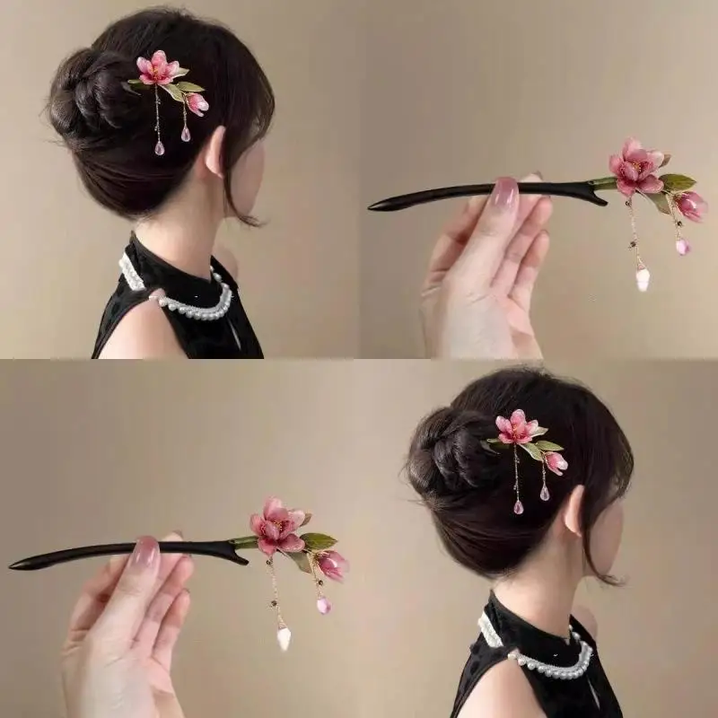 Blumen-Haarstab im chinesischen Stil, Haarnadel im Retro-Stil, traditionelles Hanfu, rosa Blumenquaste, elegantes Haar-Accessoire für Frauen, für den Alltag und Partys. – Detail 1