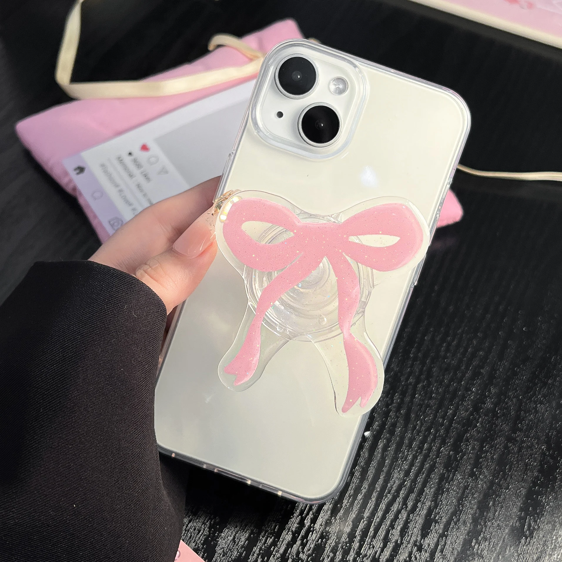 Poignée de support à nœud rose mignon, support de téléphone Tok Griptok adapté à la tablette iPhone 16