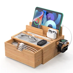 Bamboo Charging Station for Multi Device,  Nightstand Docking Station with Lined Tray & Drawer, Compatible with Tablet, Phones