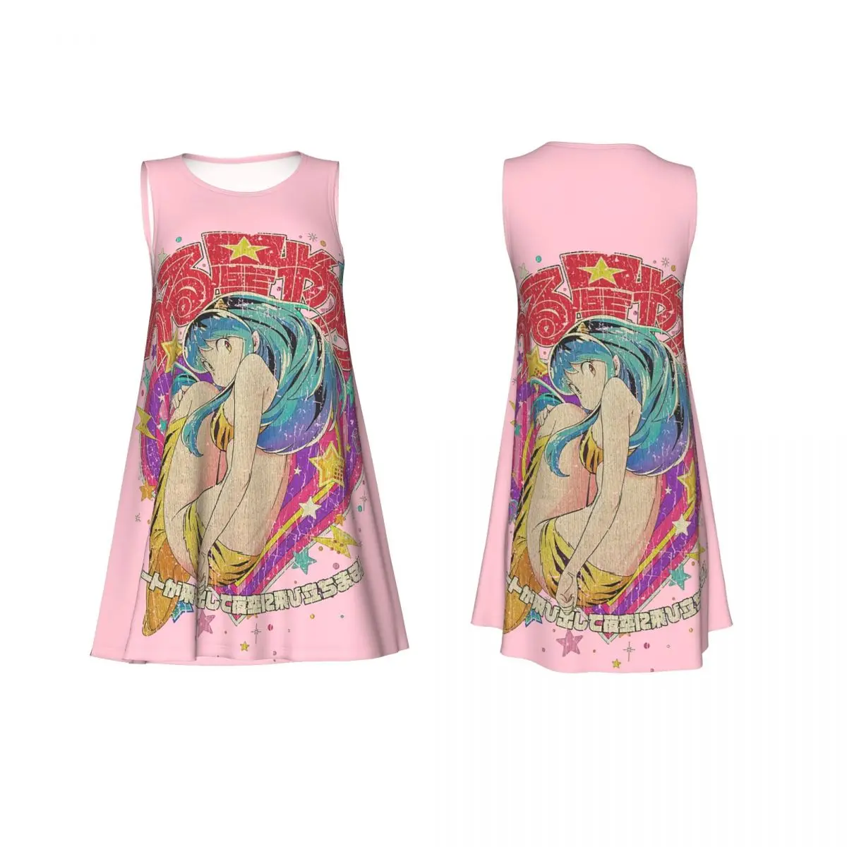 Vestido de verano de manga corta para mujer con estampado de anime Flying Lamu Urusei Yatsura, elegante vestido holgado sin mangas con cuello redondo para fin de semana y vacaciones