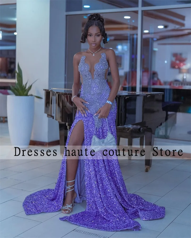 

Glitter Purple Sequins Long Mermaid Prom Dress 2025 For Black Girls Crystals Rhinestones Beaded High Split Party Gown Customized