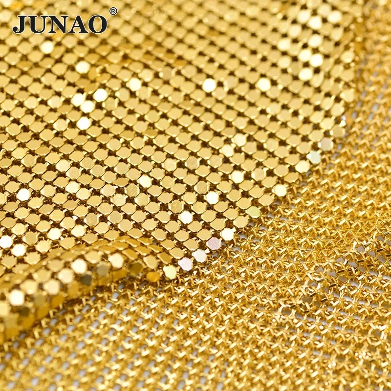 

JUNAO 45x150cm Gold Silver Black Aluminium Mesh Fabric Sewing Metal Trim Rhinestones Sheet for DIY Bra Camisole Kendall Dress