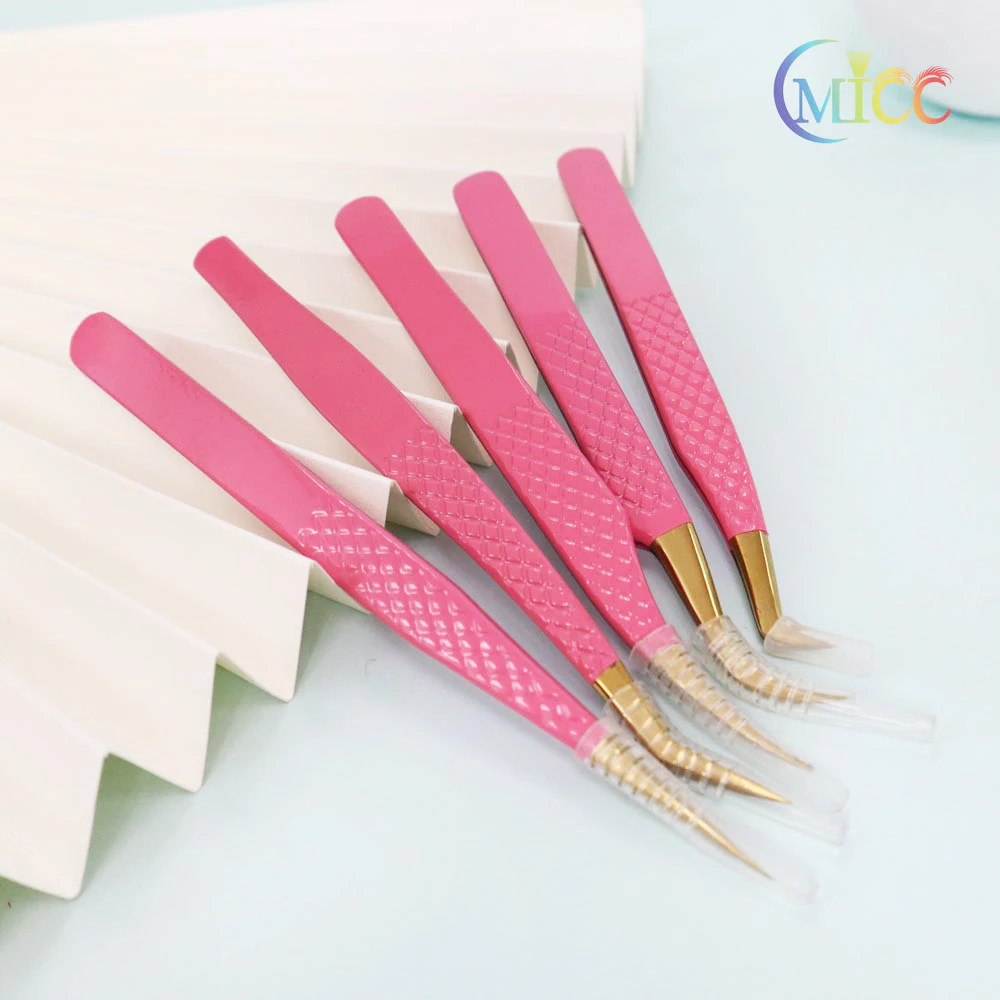 Eyelash Extension Pink Stainless Steel Superhard Tweezers With Fiber Tips High Precision Anti-Static Non-magnetic Pincet Clip