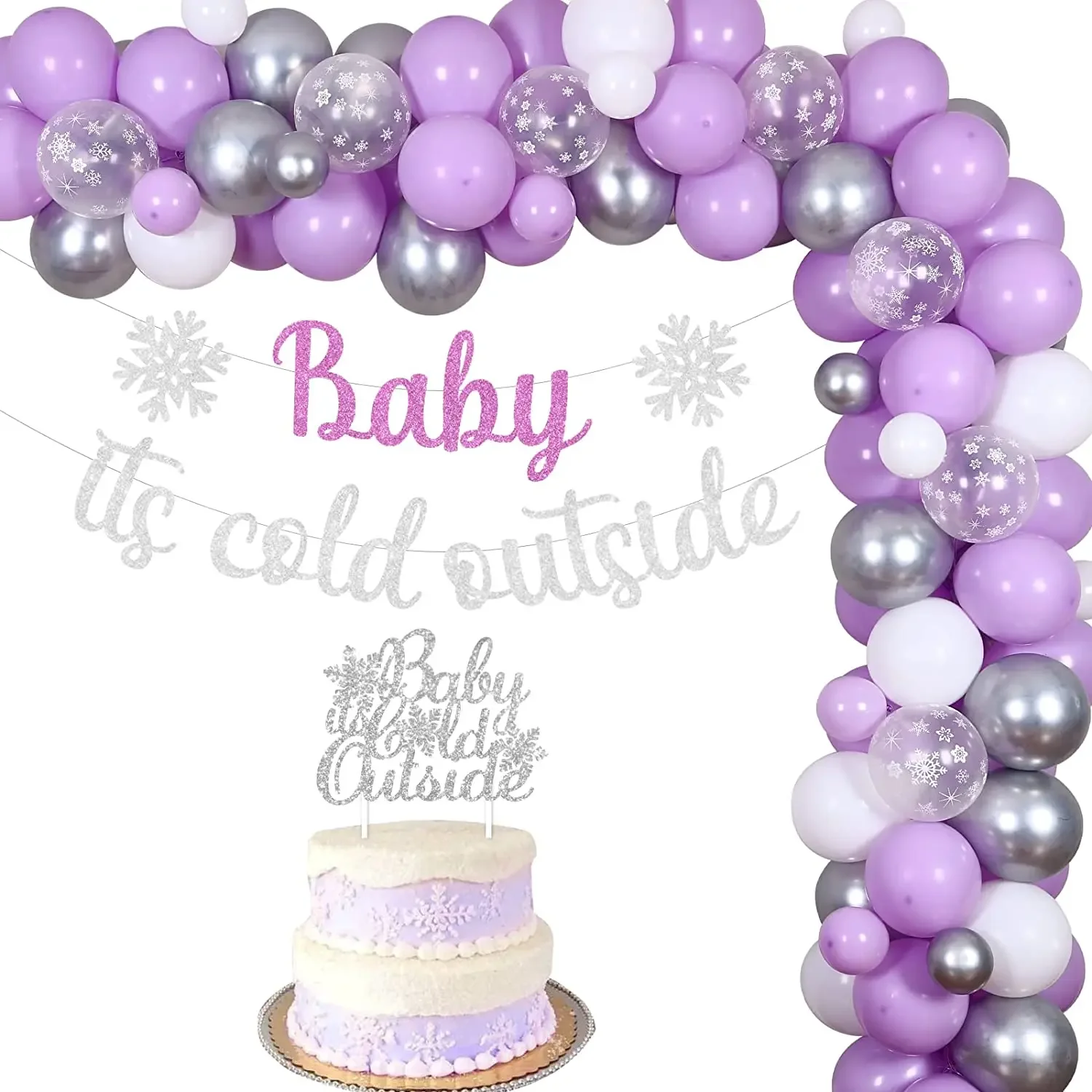 Sursurprise Winter Theme Baby Shower Decorations Purple Balloon Garland Snowflake Banner Cake Topper for Girls Baby Shower Decor