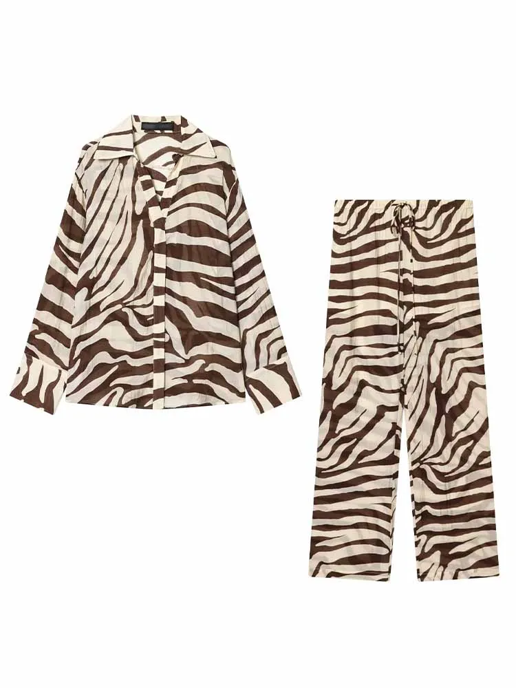 HH Woman Spring Fashion Zebra Printed Long Sleeves Shirt+Lace Up Trousers Solid Color Female Casual Street Style Two Piece Set