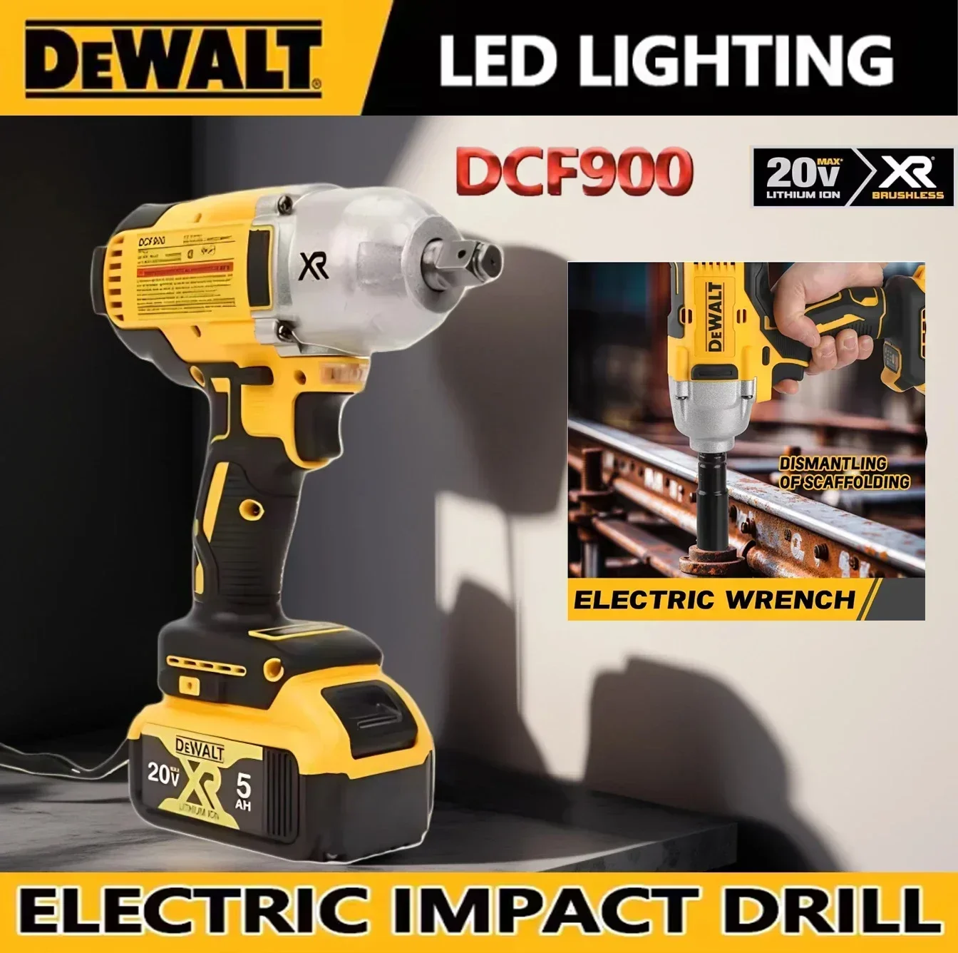 DeWALT DCF900 20V Cordless Brushless Impact Wrench, High Max Torque, 1/2 Inch Square Drive, Built-in LED Light for Bolt Removal