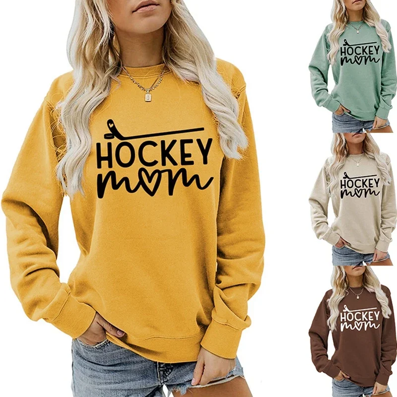 New Fashion Women Autumn and Winter Cotton Large Size Letter Hockey Mom Print Long Sleeves Retro Crewneck Sweatshirt Hoodie