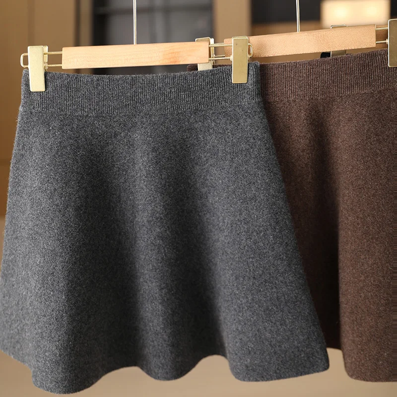 

New Women Wool Skirt Spring Autumn Winter Elastic Waist Mini A-Line Skirt 100% Merino Wool Knitted Above Knee Preppy Style Skirt