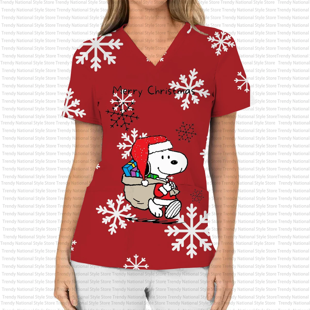 Surgical Gown Uniforms for Nurse Beauty Salon Medical Care Surgical Gowns New Christmas Snoopy Print Dental Women's T-shirt
