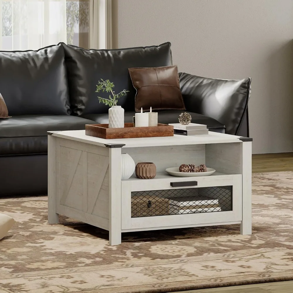 30 inch Square Coffee Table,Drawer Storage Coffee Table for Living Room,Farmhouse Accent Table with 2 Compartments Open S