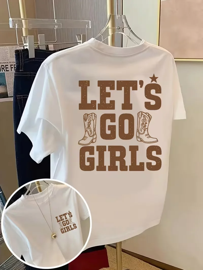 Women's Western Cowgirl T-Shirt Let's Go Slogan Short Sleeve Crew Neck Top  White & Brown Cow Print for Ranch Rodeo Events