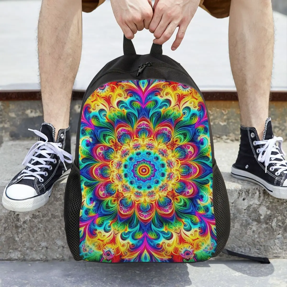 Retro Psychedelic Black With Vibrant Magic Pattern 4 Backpack Daypack Large Capacity Children BookBag School Bag Shoulder Bags