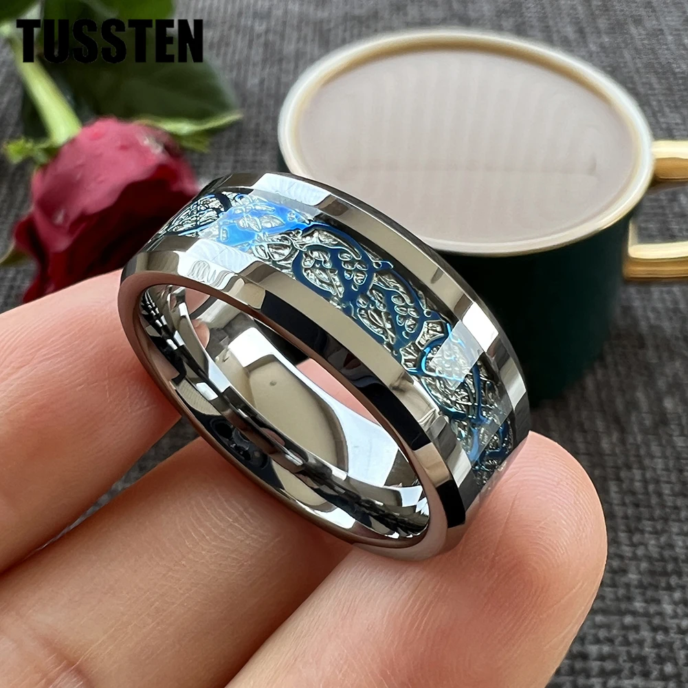 TUSSTEN-Anillo de dragón de 8MM para hombres y mujeres, banda de boda de tungsteno, bordes pulidos biselados, joyería clásica, envío directo