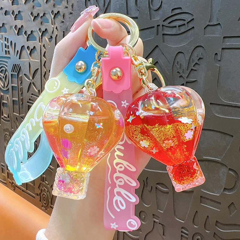 Creative Liquid Quicksand Bottle Hot-air Balloon Keychain Cute Jelly Bean Floating Pearl Sakura Sequin Bubble Key Chain Pendant