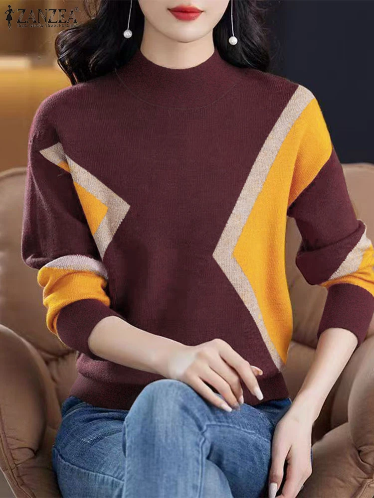 ZANZEA Women Patchwork Tunics Casual Long Sleeved T-shirts 2024 Fashion Loose Colorblock Tops Elegant High Collar Knitted Tees