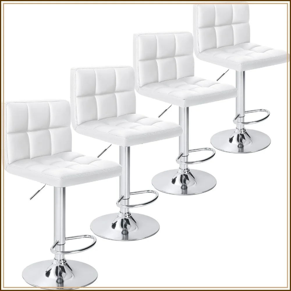 Modern PU Leather Adjustable Swivel Bar Stools with Back, Armless, Set of 4, White