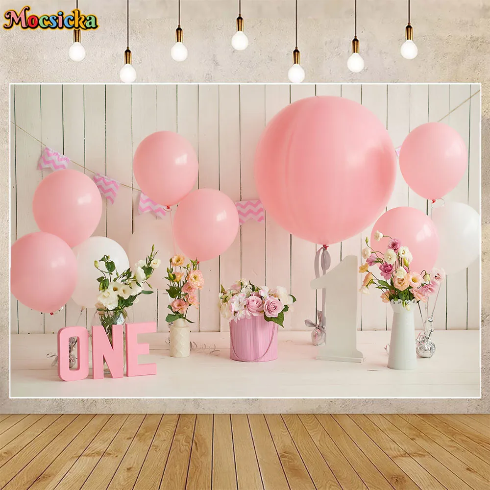 

Mocsicka Girl 1st Birthday Photo Background Pink Balloon Flower First Cake Smash Party Decorations Baby Backdrop for Photography