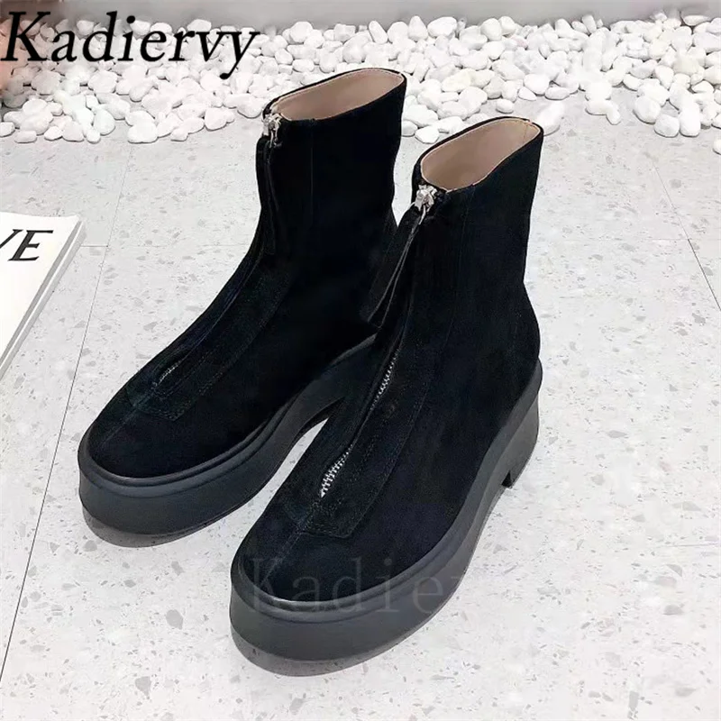 Hot Sales Motorcycle Boots Woman Round Toe Front Zipper Ankle Boots Flat Platform Shoes Women Suede Leather Short Boots Women