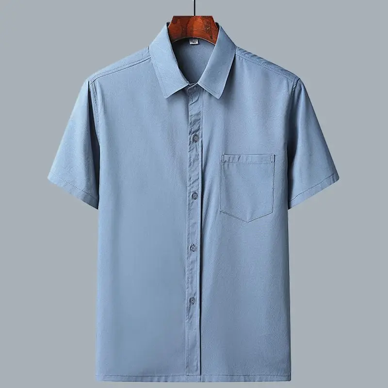 

Men Summer Fashion Turn Down Collar Business Casual Ice Silk Shirts Male Solid Short Sleeve Loose Comfortable Tops Ropa Hombre