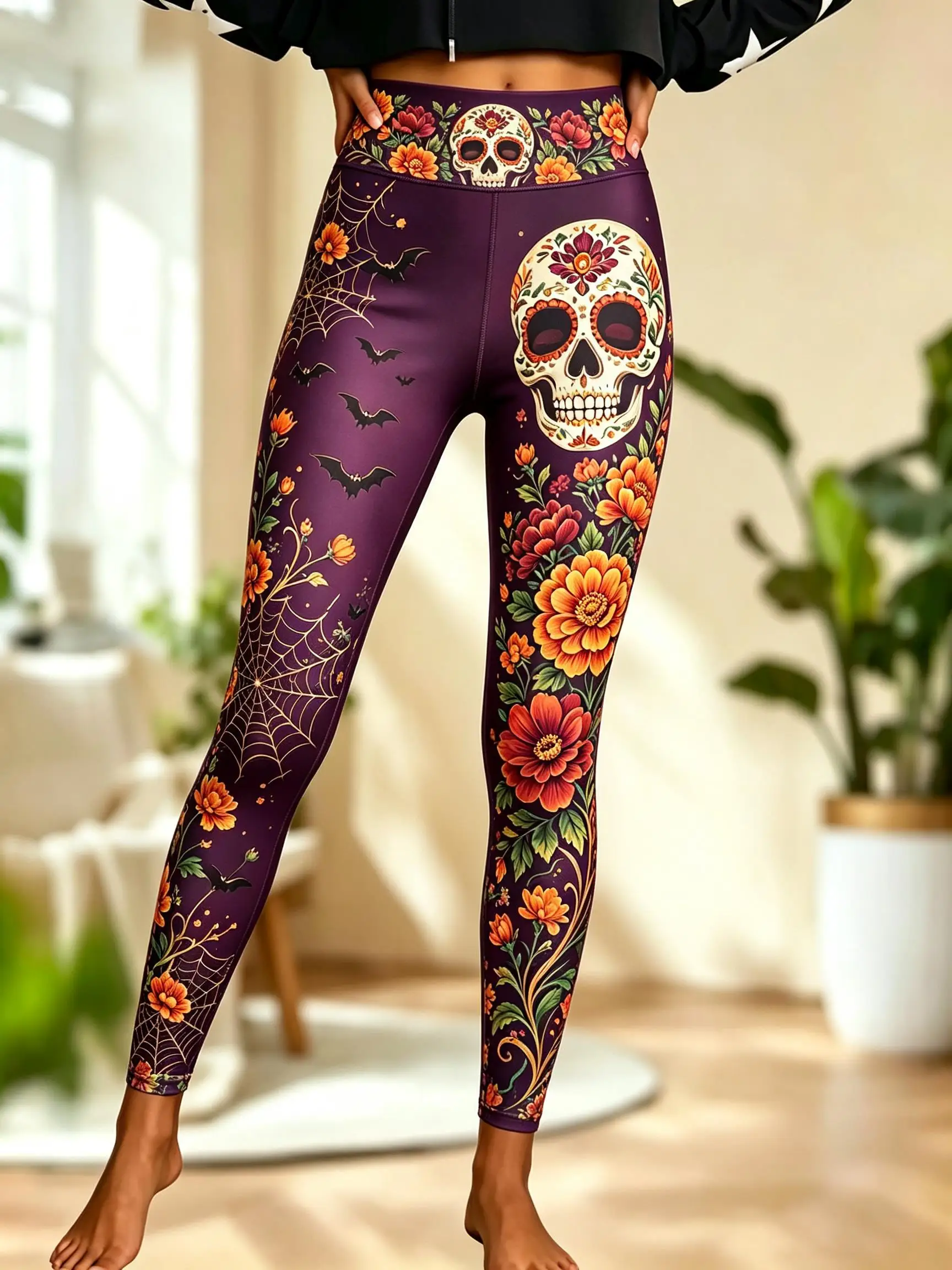 Women Fleece‑lined Mid‑rise Leggings Gothic Castle Owl Bat Print Slim Stretch Pants Halloween Casual Trousers