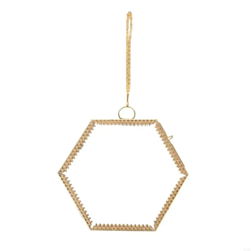 

92MF Hexagonal Brass Hanging Frame with Clear Glass Floating Picture Frame for Pressed Flowers and Artistic Photos Display