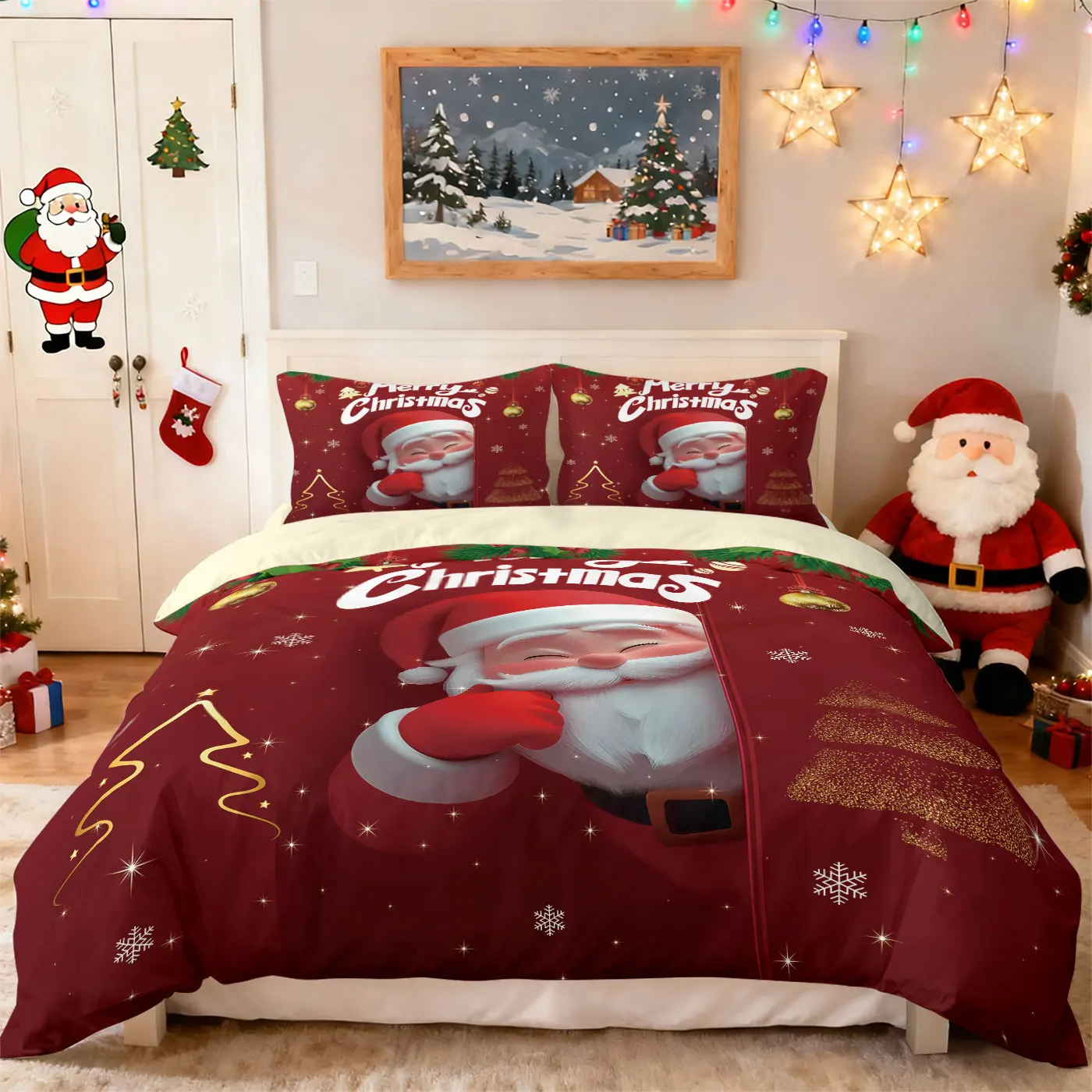 

3pcs cartoon Santa Claus red printed coreless duvet cover set, multi size bedroom bedding, holiday decoration, machine washable