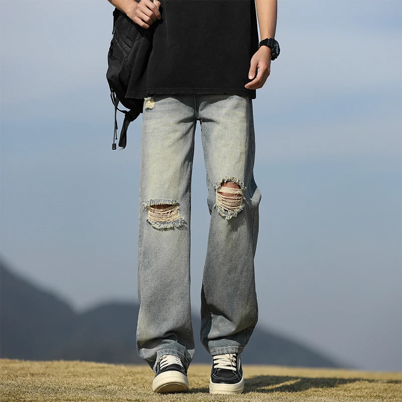 

Men Summer Big Ripped Tassel Fashion Jeans Male Breathable Streetwear Baggy Hip Hop Distressed Denim Pants Y2k Goth Trouser ﻿