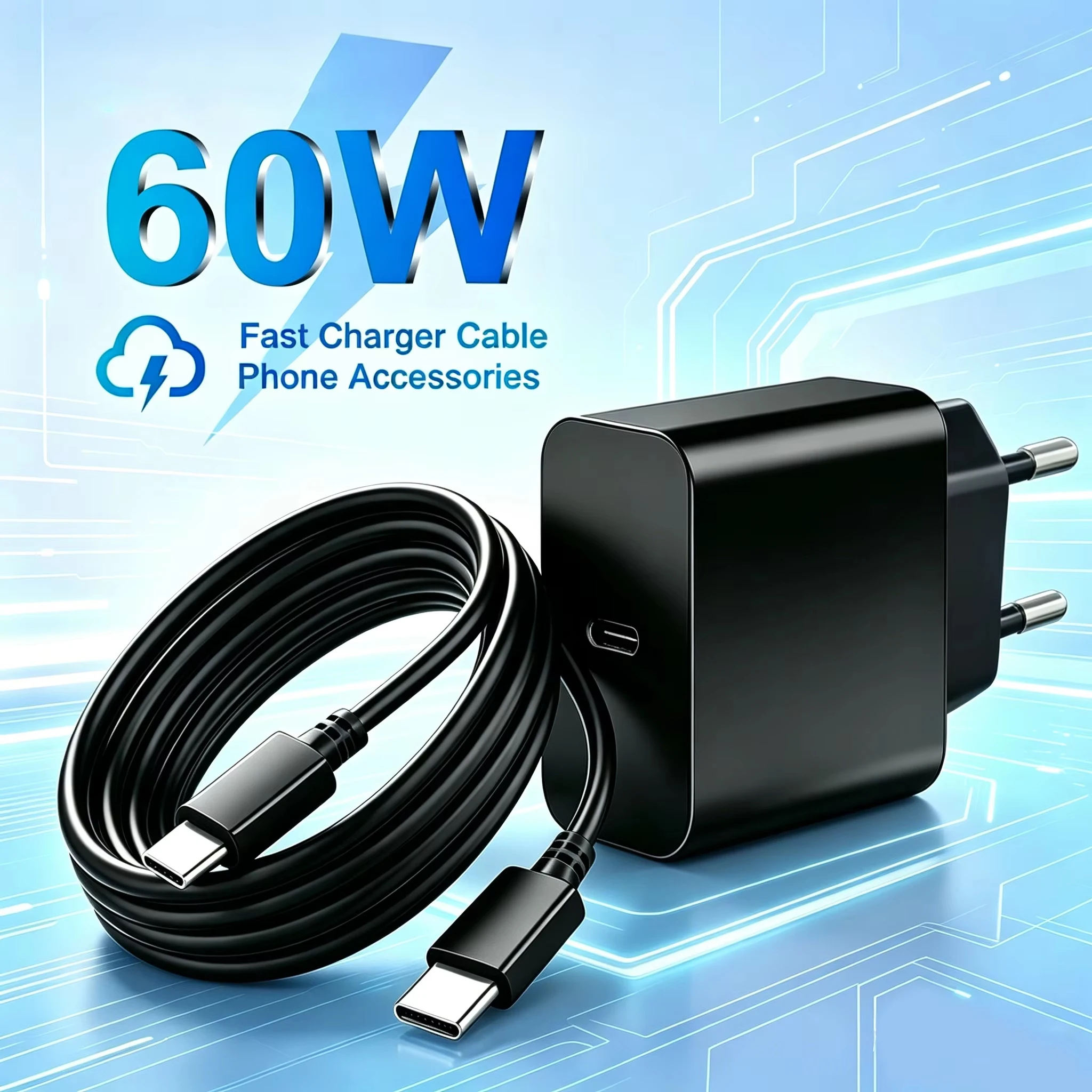 PD 60W Type-C Charger with 1m or 2m USB-C cable, ultra-fast charging adapter for Samsung S26 series phones, data cable ﻿
