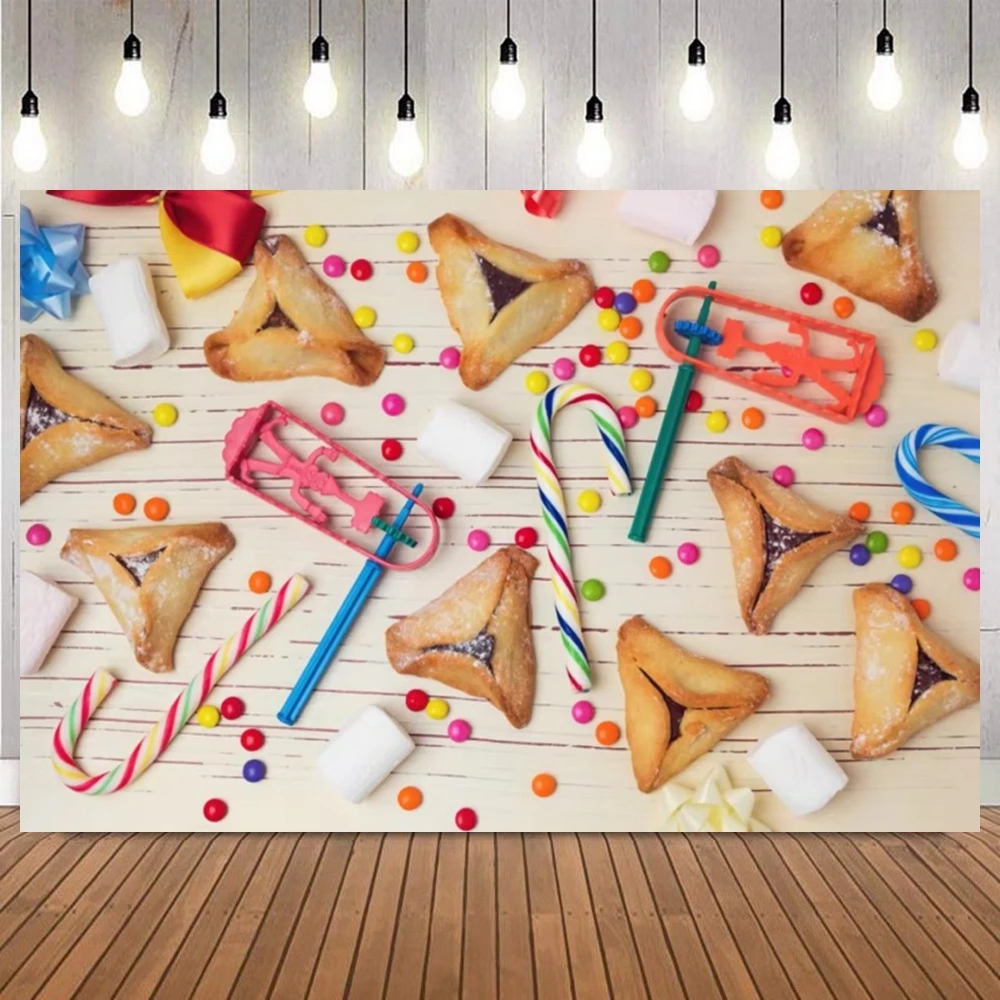 Happy Purim Jewish New Year Rosh Hashanah Photo Background Israel Mask Carnival Masquerade Fruit Bread Portrait Party Backdrop
