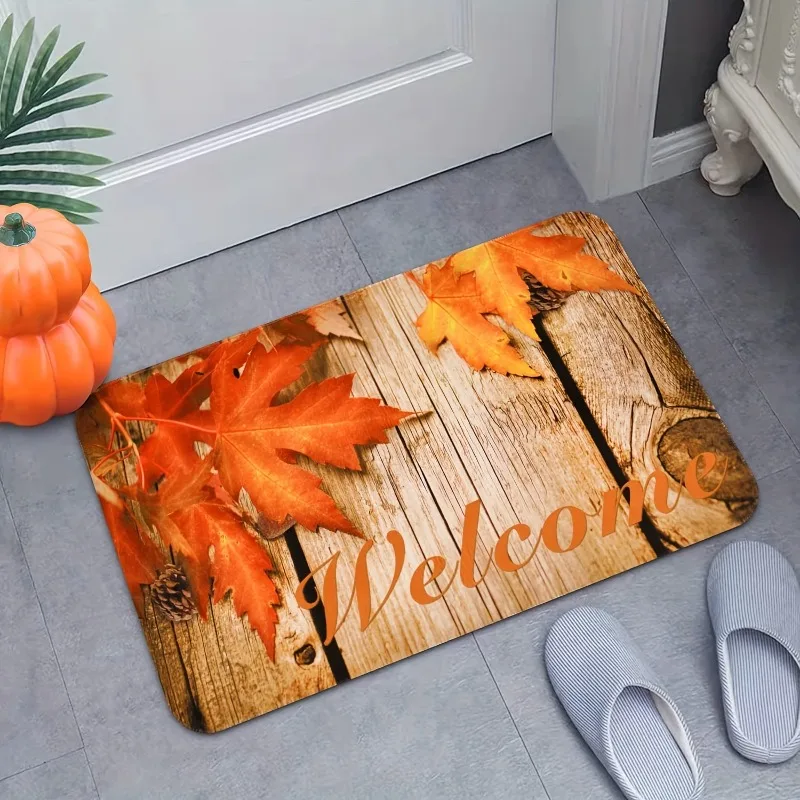 Welcome Autumn Maple Leaf Wooden Board Flannel Doormat Non Slip Front Entry Floor Mat Fall Harvest Household Entrance Decor Rug