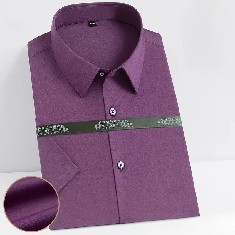 

Новинка в рубашке, летние эластичные рубашки с короткими рукавами из бамбукового волокна для мужчин, облегающие формальные однотонные рубашки, тонкая мягкая офисная белая одежда