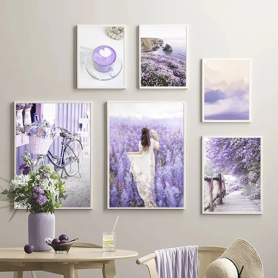 Purple Lavender Coast Girl Car Bicycle Cafe Mural Canvas Wall Art Living Room Decoration Poster Printing Wall Painting